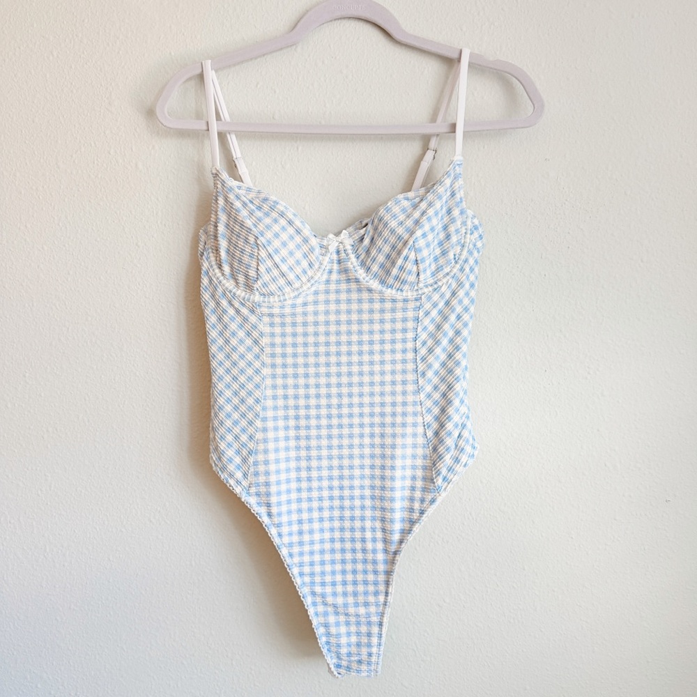 Womens Blue Gingham Cheeky One-Piece Swimsuit with Open Back and High Legs